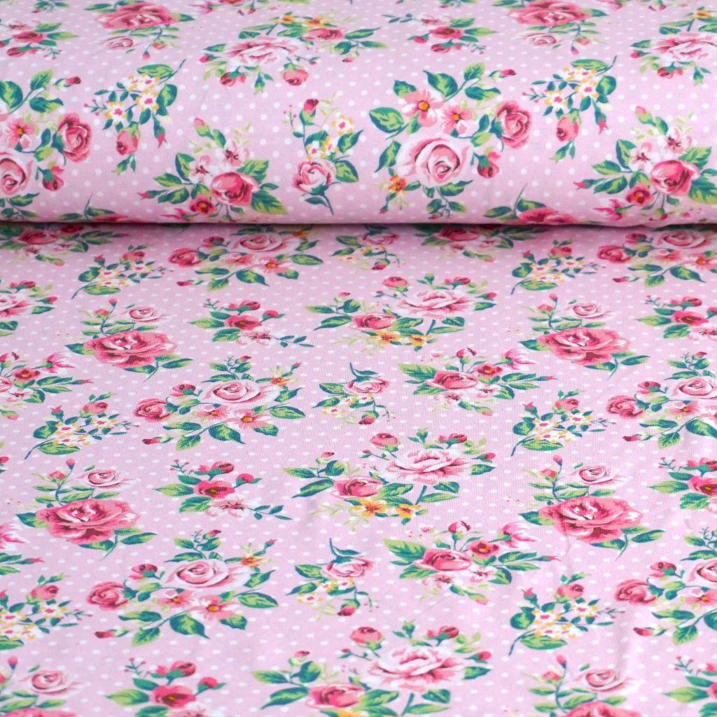 Baumwolljersey Rosenzweige Pünktchen rosa – FVJ